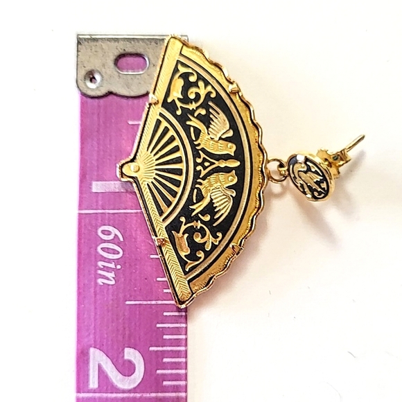 SOLD!!! DAMASCENE FAN SHAPED PIERCED EARRINGS - Picture 4 of 6